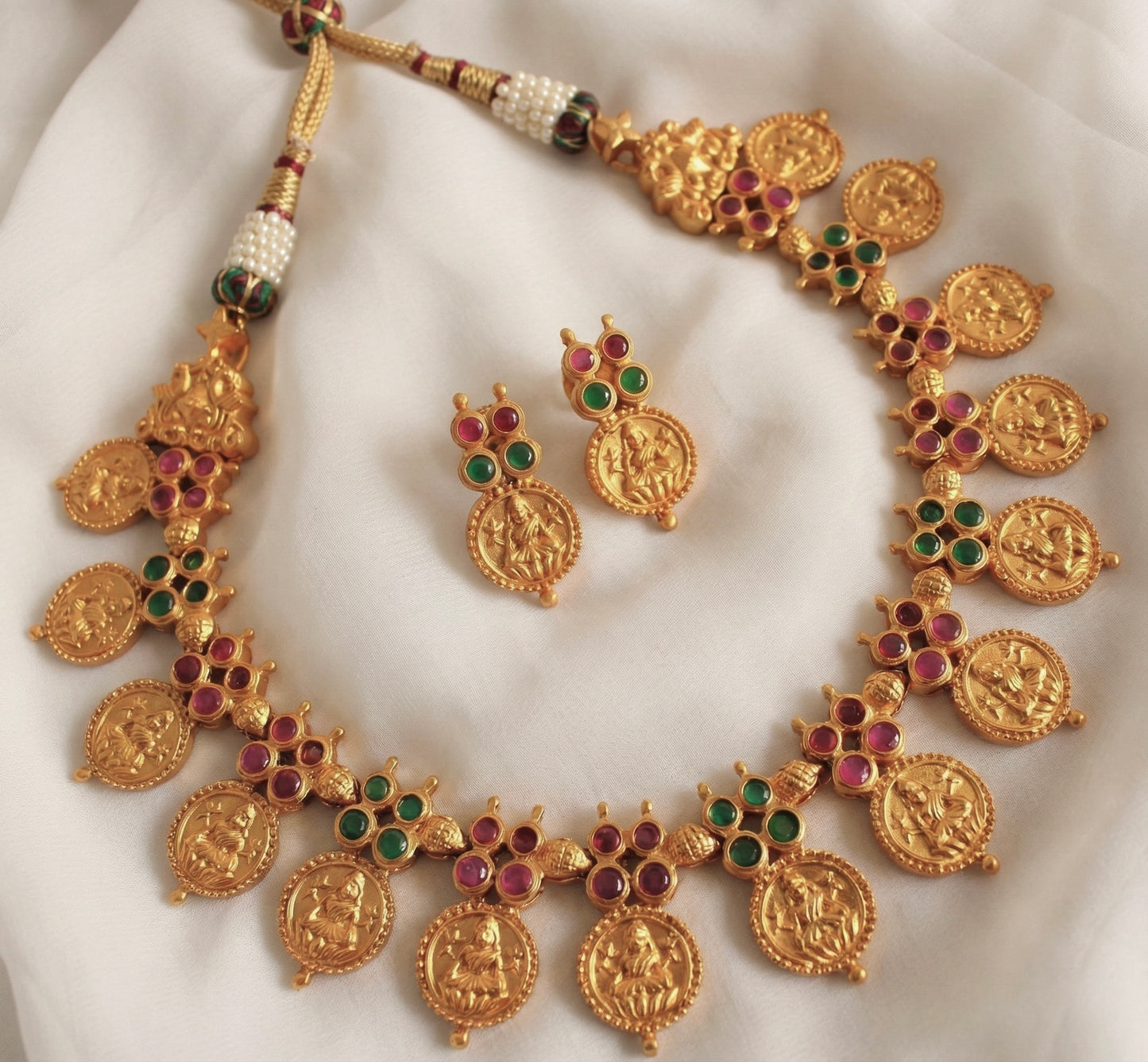Matte finish ruby-emerald lakshmi coin necklace set-dj07103