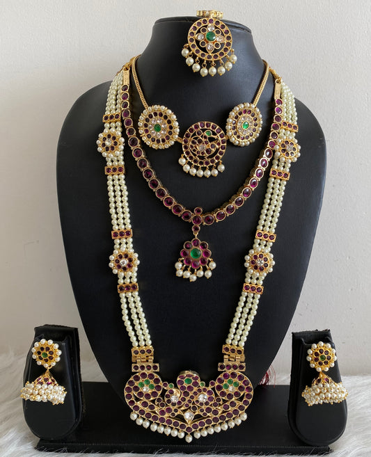Gold tone precious kemp-green-white pearl peacock bridal set dj-53963