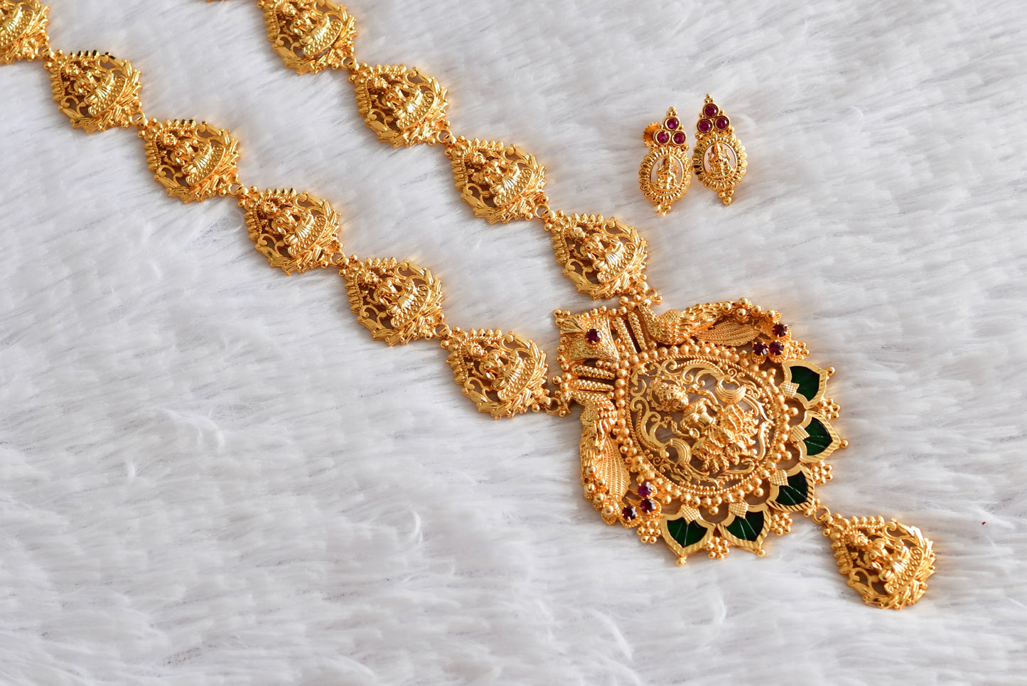 Gold tone pink-green palakka lakshmi peacock haar set dj-51835