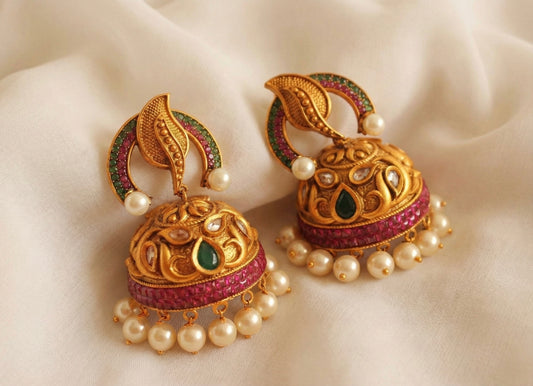 Matte finish ruby-emerald pearl mango jhumkka -dj08253