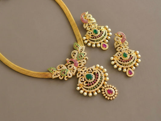 Gold tone cz-ruby-emerald peacock necklace set dj-07156