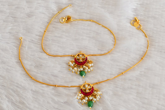 Gold tone pink-green pearl kundan jadau anklets dj-52386
