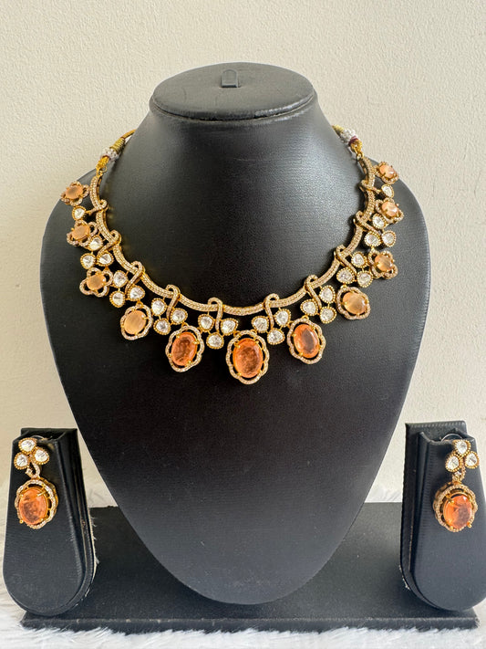 Antique gold tone cz peach moissanite necklace set dj-51068