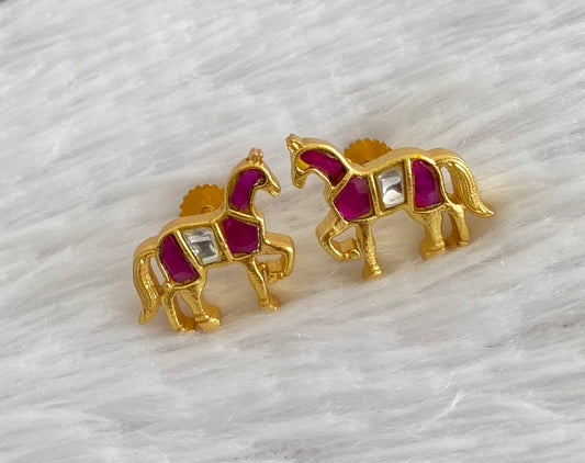 Gold tone pink-white kundan jadau horse earrings dj-53540