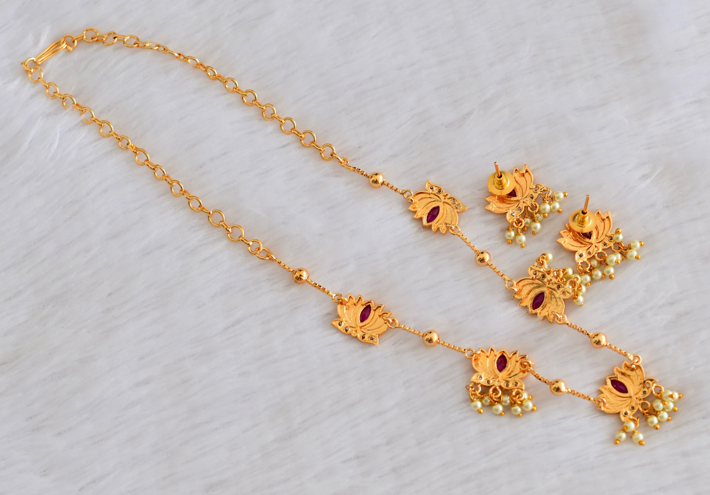 Gold tone white-pink lotus pearl necklace set dj-53335