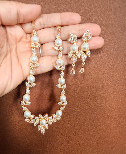 Gold tone cz white stone pearl necklace set dj-54343