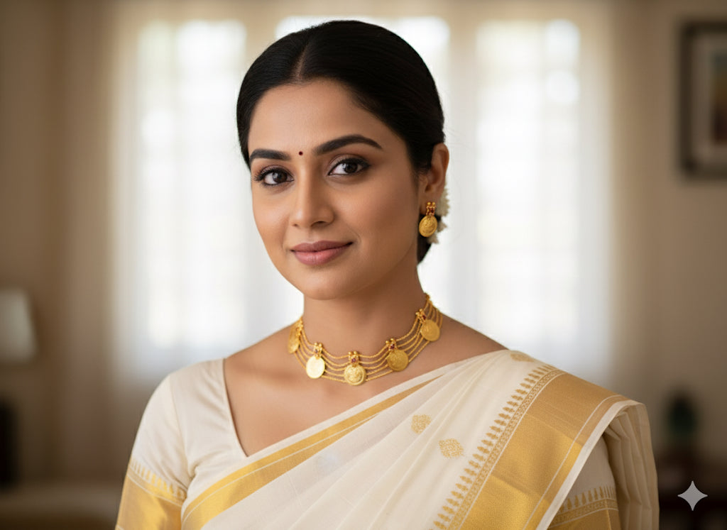 Gold tone kerala style ruby stone lakshmi coin choker set dj-48026