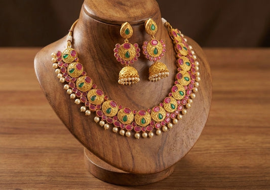 Matte finish ruby-emerald pearl necklace set-dj07794