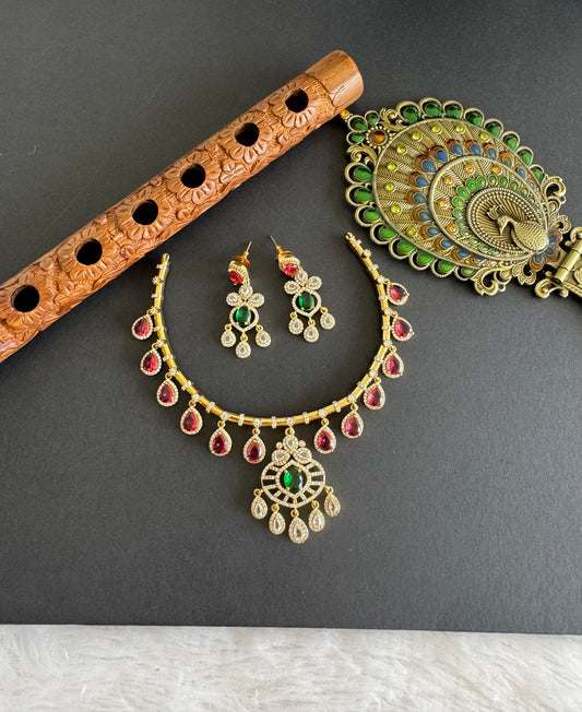 Antique gold tone cz magenta pink-green-white kante necklace set dj-52126