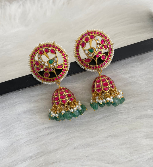 Gold tone pink-green-white kundan jadau green beaded big round peacock jhumkka dj-51509