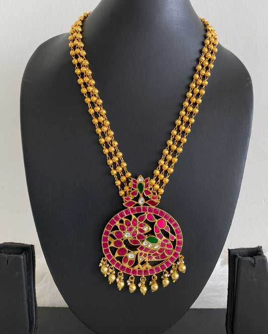 Gold tone pink-green-white kundan jadau swan necklace dj-54517