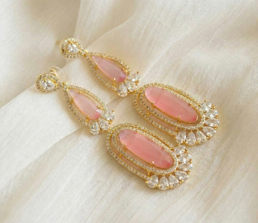 Gold Tone AD Baby Pink long Earrings DJ31418