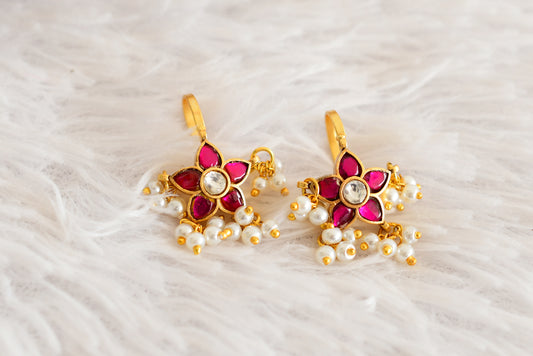 Gold tone pink-white kundan jadau flower bugadi earrings dj-52483