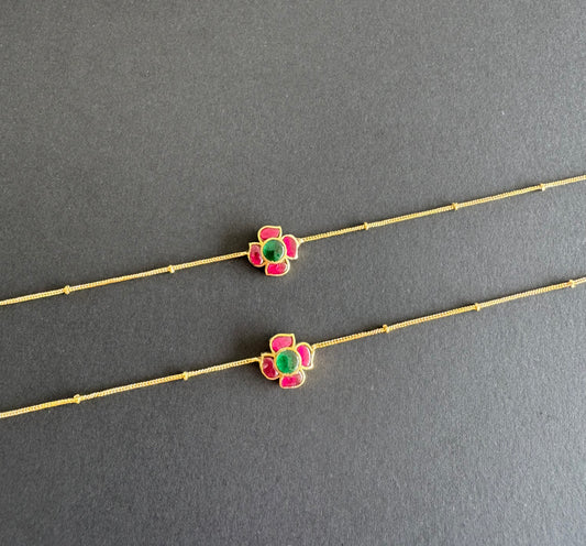 Gold tone pink-green flower kundan jadau anklets dj-51412
