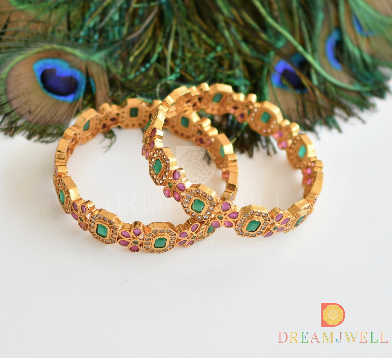 Matte finish cz ruby-green-white floral bangles(2.6) dj-52200