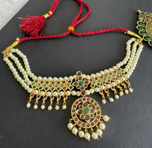 Gold tone precious kemp-green pearl attigai/necklace dj-52005