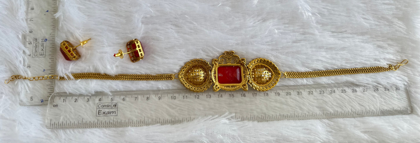 Antique gold tone cz big stone white-red choker necklace set dj-51082