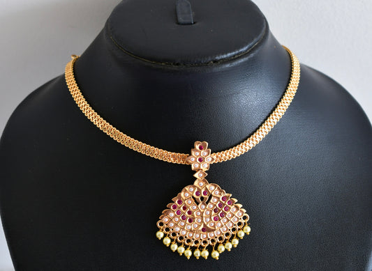 Gold tone South Indian style AD ruby-pearl swan attigai/necklace dj-53041