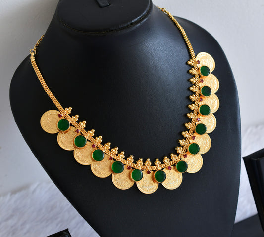 Gold tone kerala style pink-green round lakshmi coin necklace dj-53080