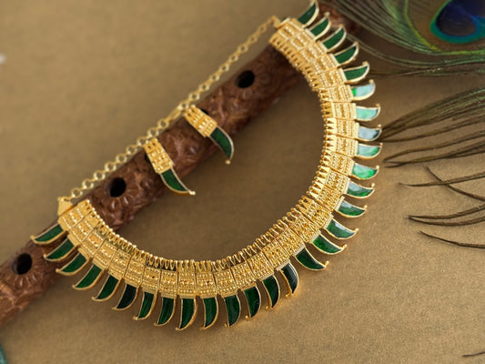 Gold look alike green-pink kerala style pulinagam big necklace set dj-51721