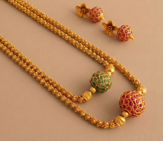 Matte Finish double layer ruby-green Ball Necklace Set-dj17117