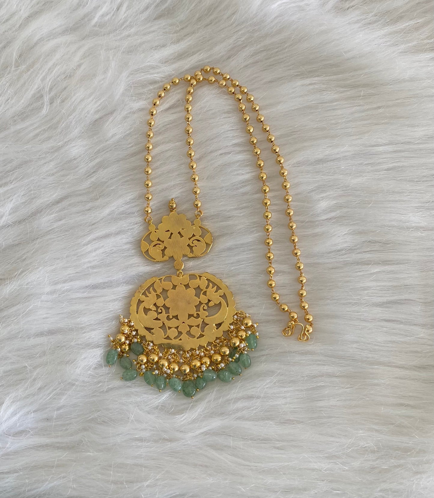 Antique gold tone pink-green-white kundan jadau peacock green bead haar dj-54515