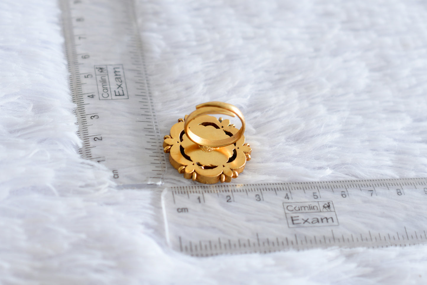 Gold tone pink-green-pearl kundan jadau flower finger ring dj-52370