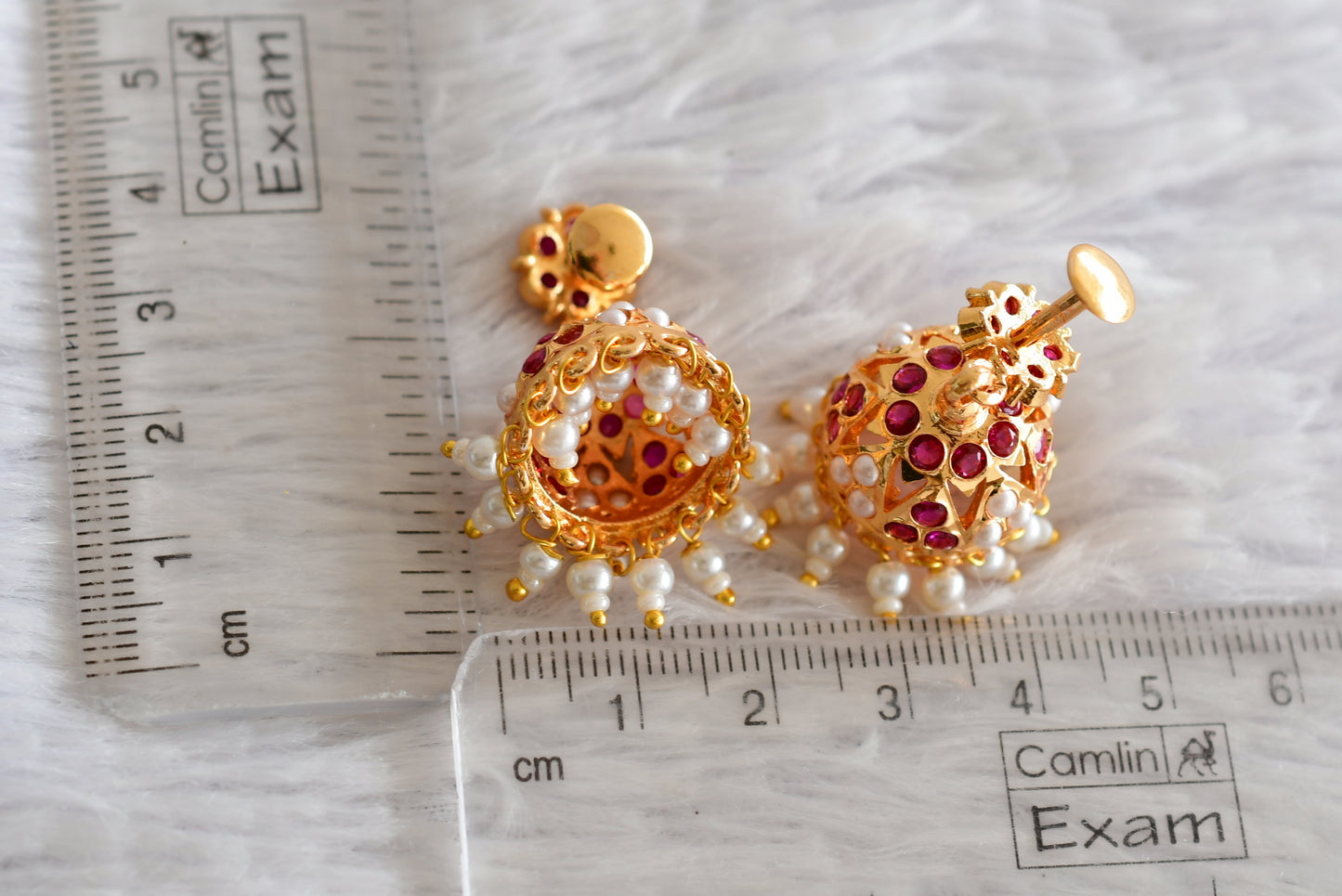 Gold tone ad pink pearl jhumkka dj-51889