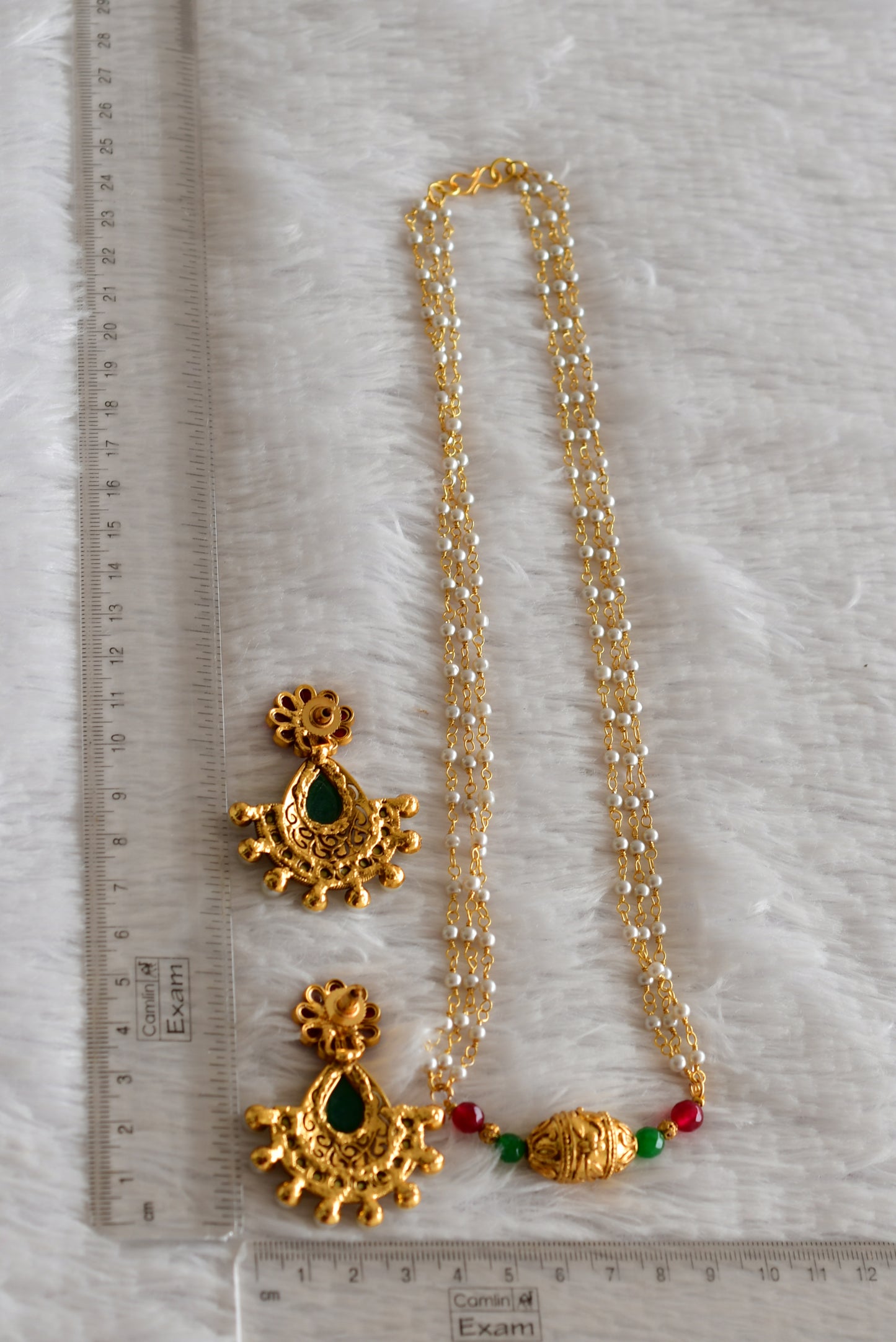 Gold tone pink-green pearl beaded necklace set dj-51985