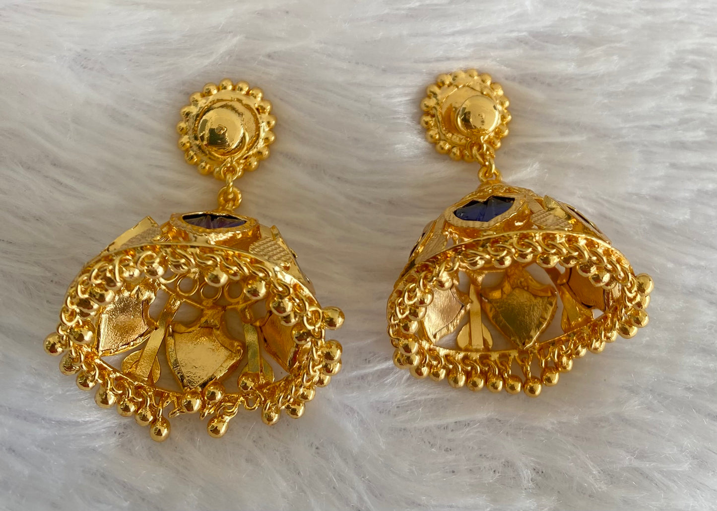 Gold tone kerala style blue 6 petals of palakka jhumkka dj-53136