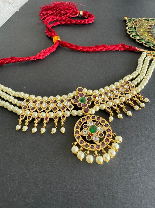 Gold tone precious kemp-green-white pearl attigai/necklace dj-52004