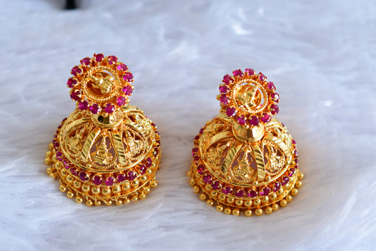 Gold tone kerala style pink big lakshmi jhumkka dj-51804
