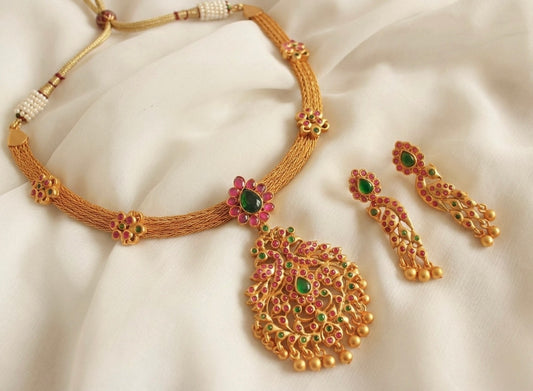 Matte finish ruby-emerald peacock necklace set-dj07102
