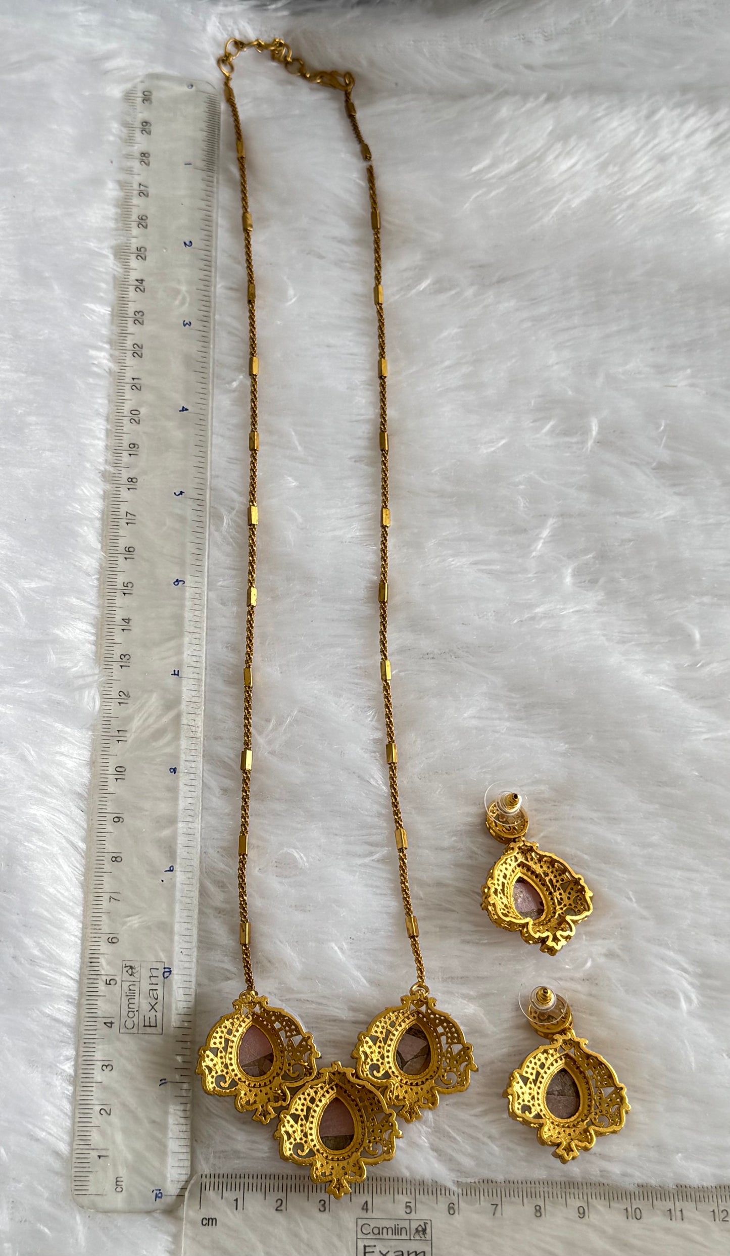 Antique gold tone baby pink-gold fire-stone long chain set dj-51096