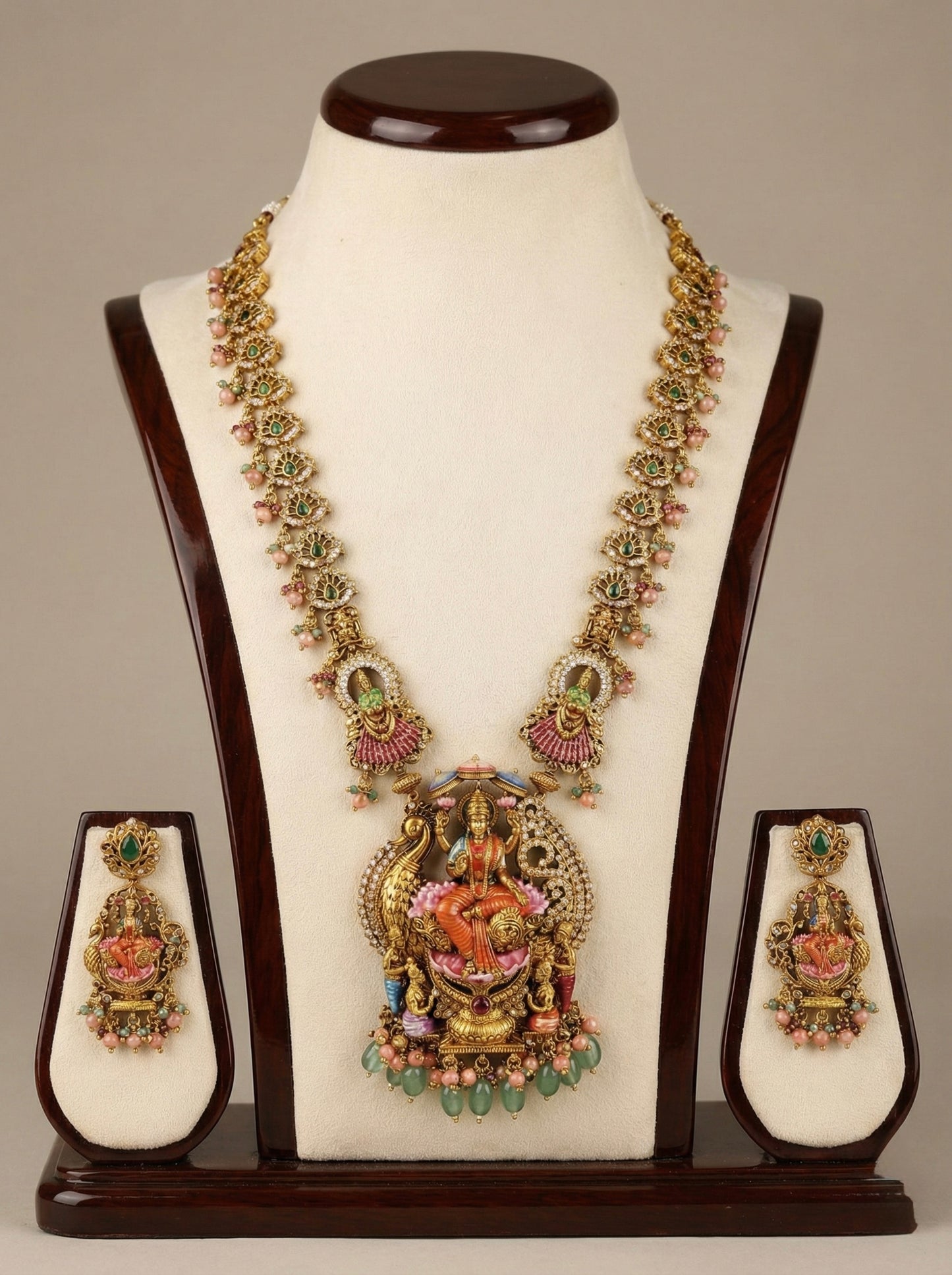 Matte finish pink-orange meenakari lakshmi haar set dj-52709
