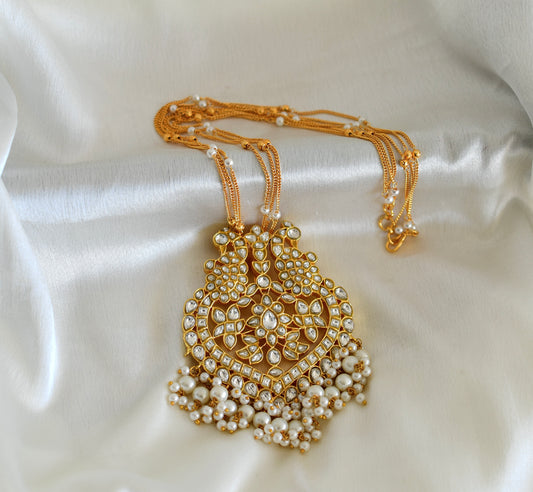 Matte finish white kundan jadau pearl peacock pendant necklace dj-52606