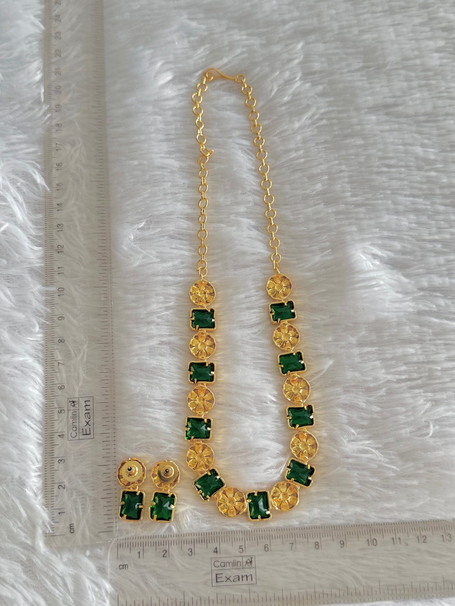 Gold tone green block stone flower necklace set dj-52094