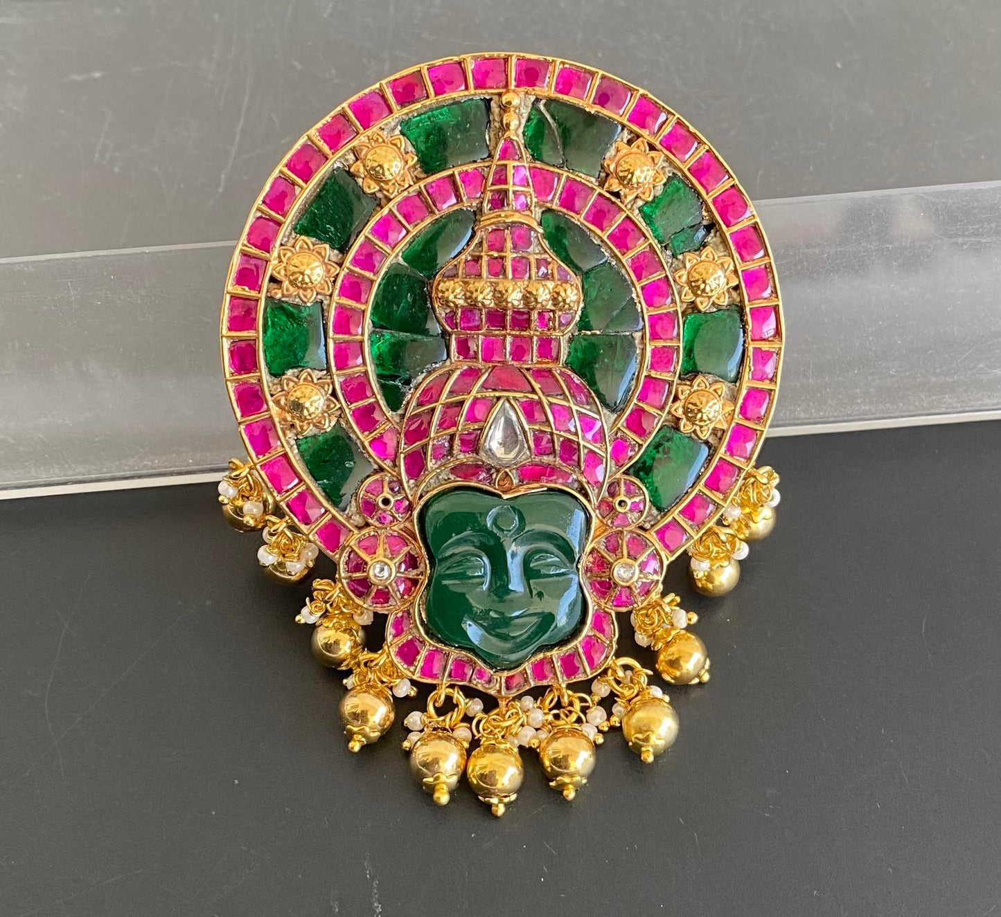 Gold tone pink-green kundan jadau kathakali pendant dj-50502