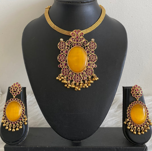 Matte finish big yellow oval stone pendant choker necklace set dj-53988