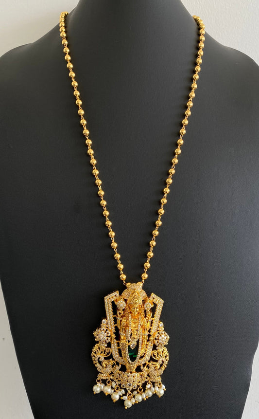 Gold tone 24 inches chain with green Shri Thirumal pearl pendant dj-53250