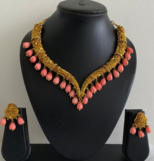 Matte finish pink tulip beaded necklace set dj-54371
