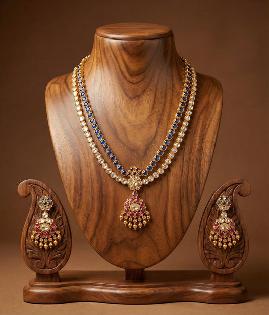 Matte finish blue-white-pink double layer attigai/necklace set dj-53604