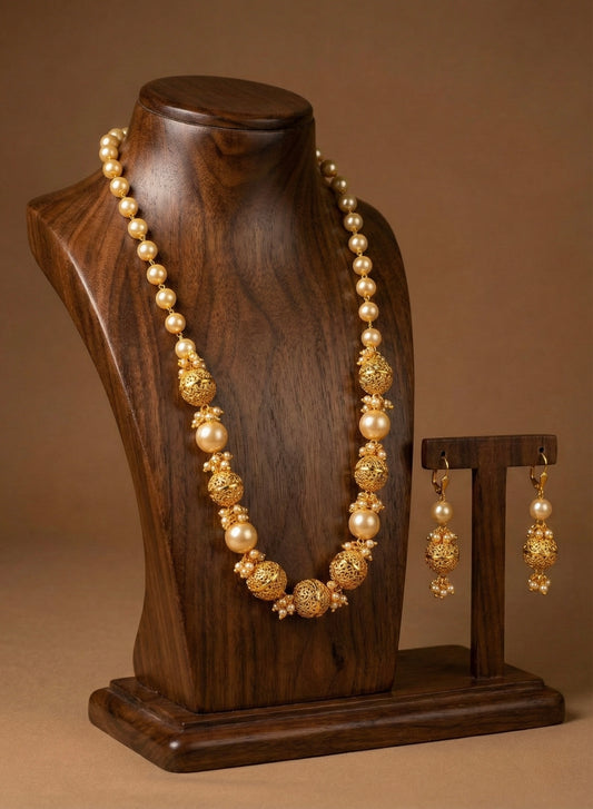 Antique gold tone pearl beaded necklace set dj-06051