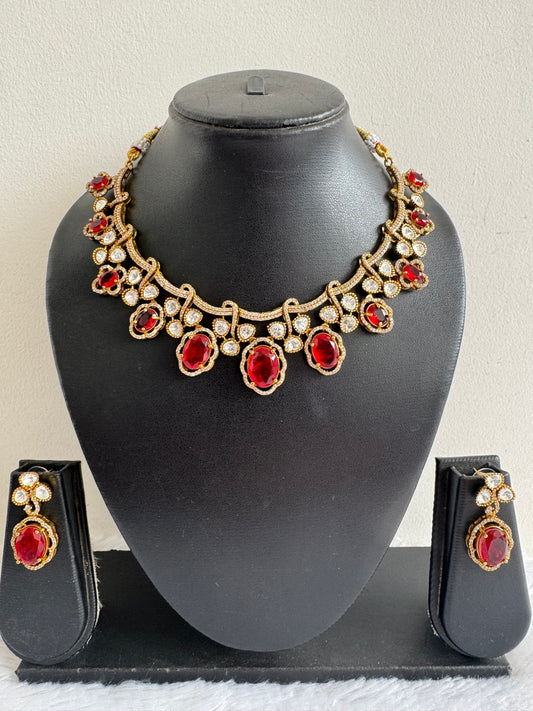 Antique gold tone cz red moissanite necklace set dj-51072