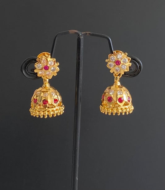 Gold tone AD pink-white flower small jhumkka dj-51892