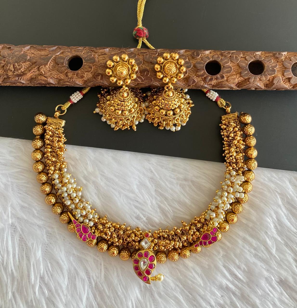 Antique gold tone pink-white kundan jadau mango bird cluster necklace set dj-52623