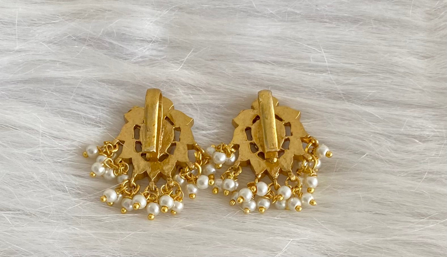 Gold tone pink-green-white kundan jadau pearl bugadi earrings dj-53664