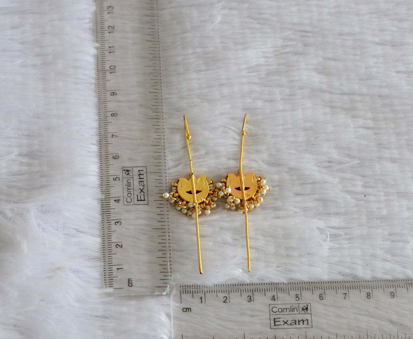 Gold tone pink-green-white kundan jadau lotus bugadi needle earrings dj-52453