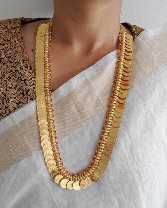 Gold look alike ad pink stone lakshmi coin haar dj-47796