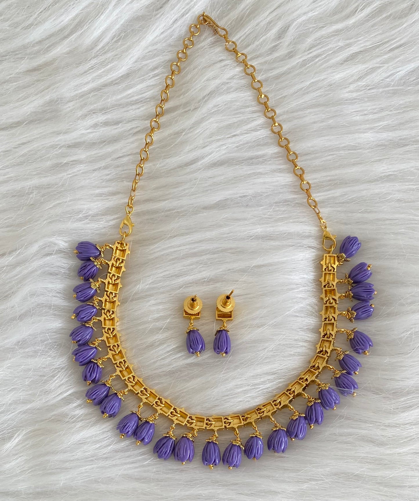 Antique gold tone dark purple tulip beaded necklace set dj-54318